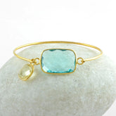 Stunning Aqua Quartz 15x22mm Rectangle With Crystal Quartz Charm 10mm Cushion Gemstone Bracelet- 18k Gold Plated 925 Sterling Silver Bangle